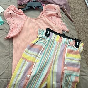 NWT Jessica Simpson Girls 7-16 Eyelet Short Sleeve Top And Stripe Pant Set